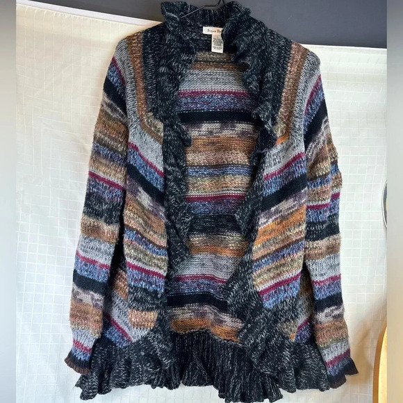 Susan Bristol Wool Blend Sweater Open Cardigan Ruffled Size L Black Tan Striped - Picture 1 of 3